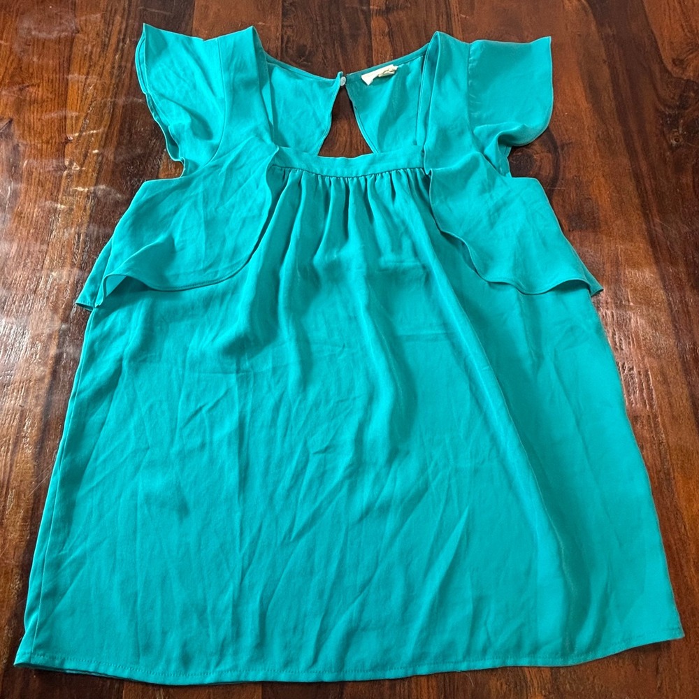 Meadow Rue Anthropologie Teal Green Flutter Sleeve Open Back Blouse US 6